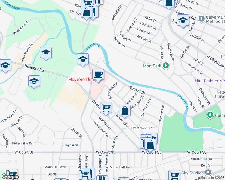 map of restaurants, bars, coffee shops, grocery stores, and more near 3827 Brentwood Drive in Flint