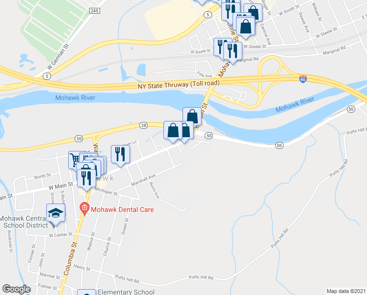 map of restaurants, bars, coffee shops, grocery stores, and more near 100 East Main Street in Mohawk
