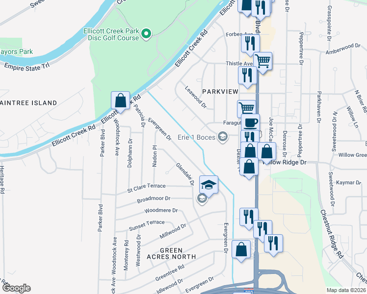 map of restaurants, bars, coffee shops, grocery stores, and more near 1225 Ellicott Creek Road in Tonawanda