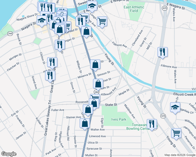map of restaurants, bars, coffee shops, grocery stores, and more near 66 Simson Street in Tonawanda