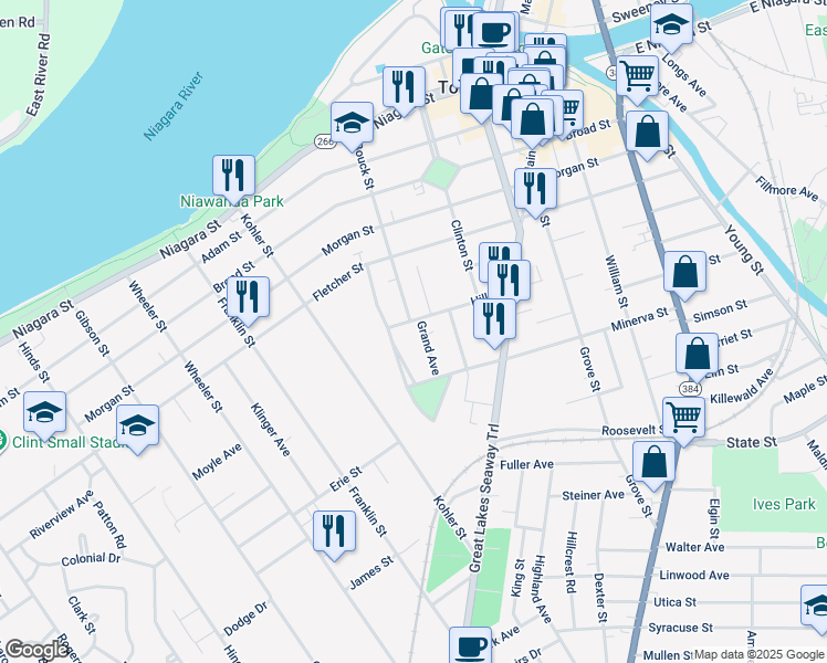 map of restaurants, bars, coffee shops, grocery stores, and more near 160 Bouck Street in Tonawanda