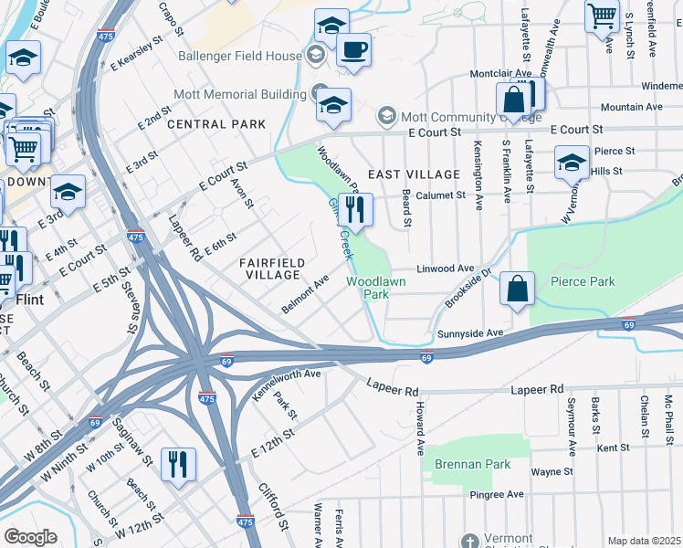 map of restaurants, bars, coffee shops, grocery stores, and more near 936 Belmont Avenue in Flint