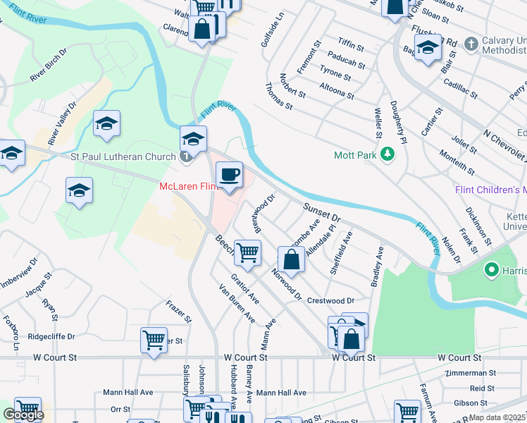 map of restaurants, bars, coffee shops, grocery stores, and more near 3827 Brentwood Drive in Flint