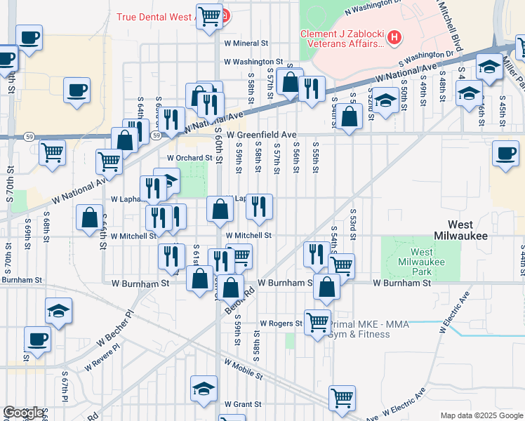 map of restaurants, bars, coffee shops, grocery stores, and more near 1605 South 57th Street in West Allis