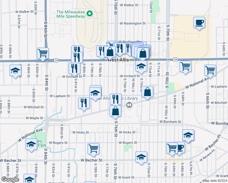 map of restaurants, bars, coffee shops, grocery stores, and more near 1542 South 77th Street in West Allis