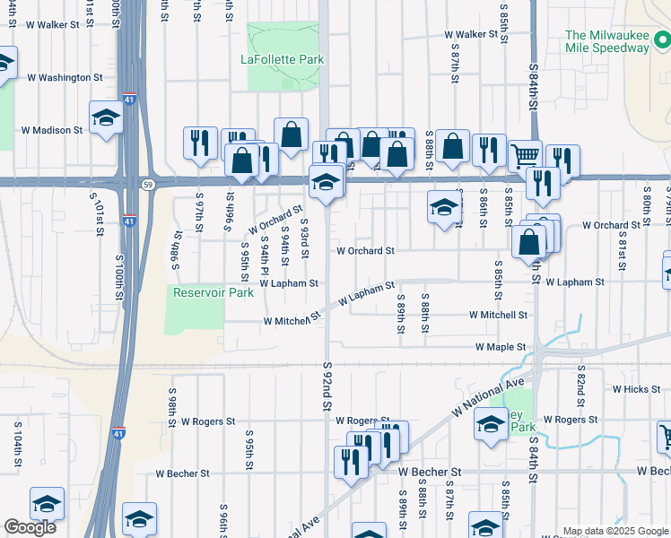 map of restaurants, bars, coffee shops, grocery stores, and more near 1505 South 91st Street in West Allis