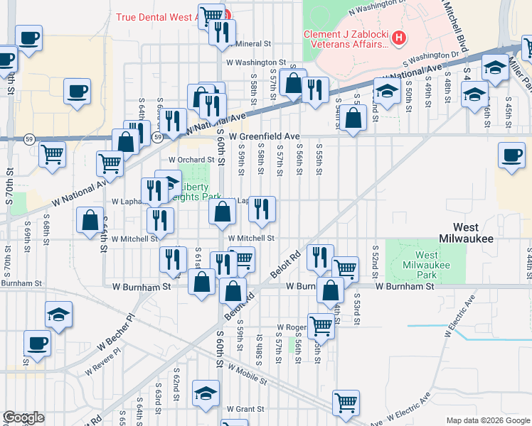 map of restaurants, bars, coffee shops, grocery stores, and more near 1605 South 57th Street in West Allis