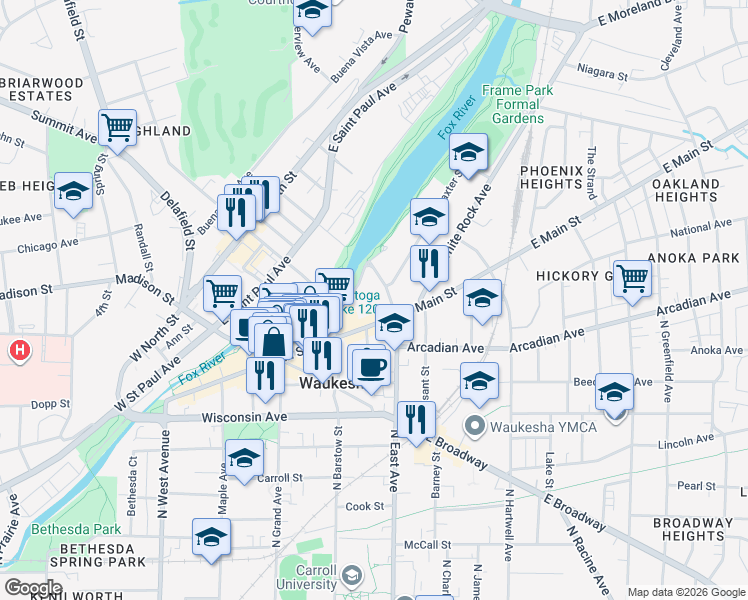 map of restaurants, bars, coffee shops, grocery stores, and more near 100 Corrina Boulevard in Waukesha