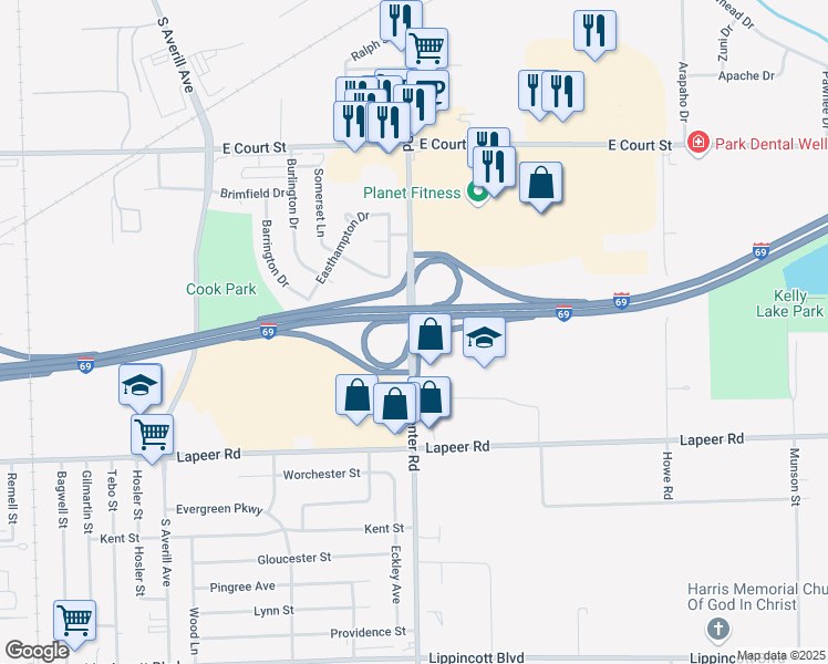map of restaurants, bars, coffee shops, grocery stores, and more near 1215 Center Road in Burton