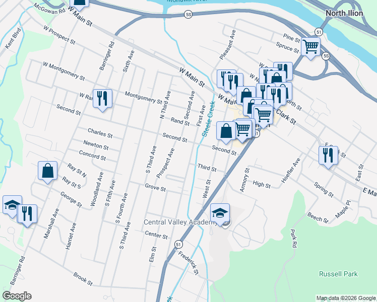 map of restaurants, bars, coffee shops, grocery stores, and more near 101-109 2nd Street in Ilion
