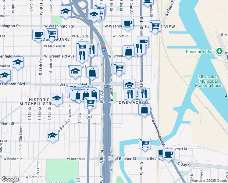 map of restaurants, bars, coffee shops, grocery stores, and more near 1610 South 4th Street in Milwaukee