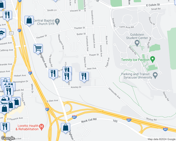 map of restaurants, bars, coffee shops, grocery stores, and more near 114 Jean Avenue in Syracuse