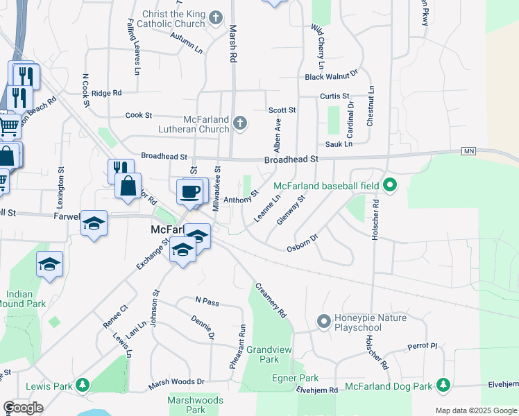 map of restaurants, bars, coffee shops, grocery stores, and more near 5807 Anthony Street in McFarland