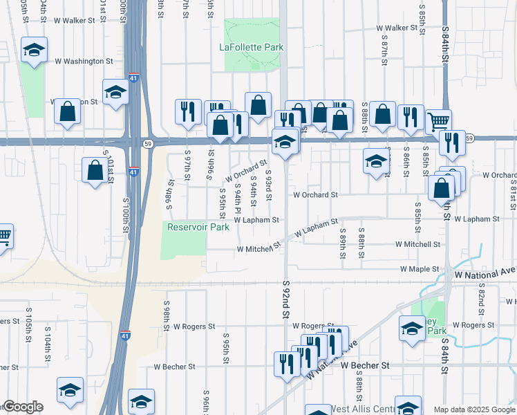 map of restaurants, bars, coffee shops, grocery stores, and more near 1508 South 94th Street in West Allis