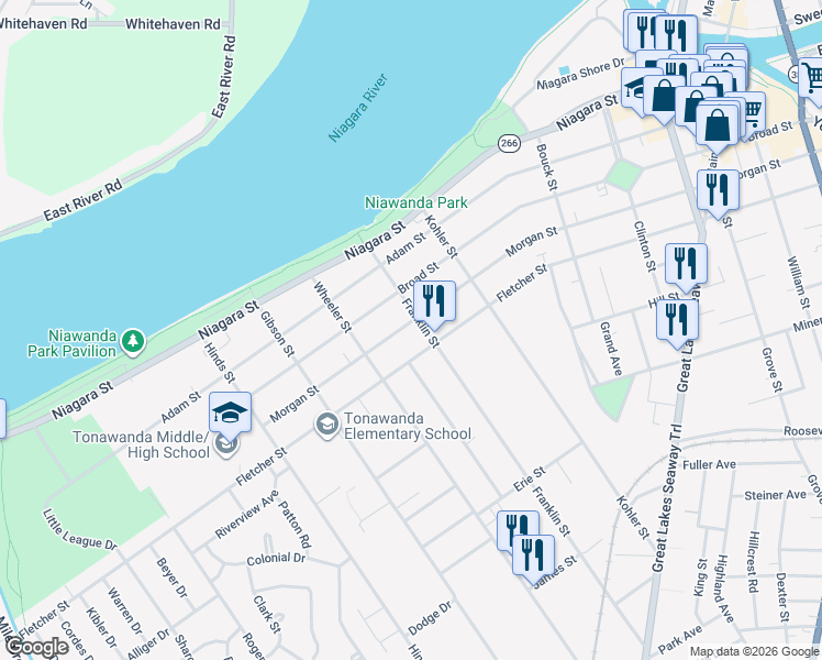 map of restaurants, bars, coffee shops, grocery stores, and more near 435 Morgan Street in Tonawanda