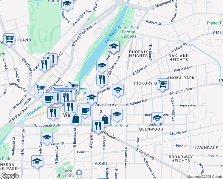 map of restaurants, bars, coffee shops, grocery stores, and more near 307 East Main Street in Waukesha
