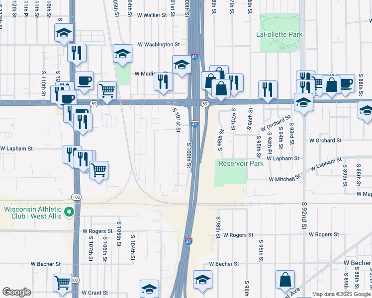 map of restaurants, bars, coffee shops, grocery stores, and more near 1524 South 101st Street in West Allis