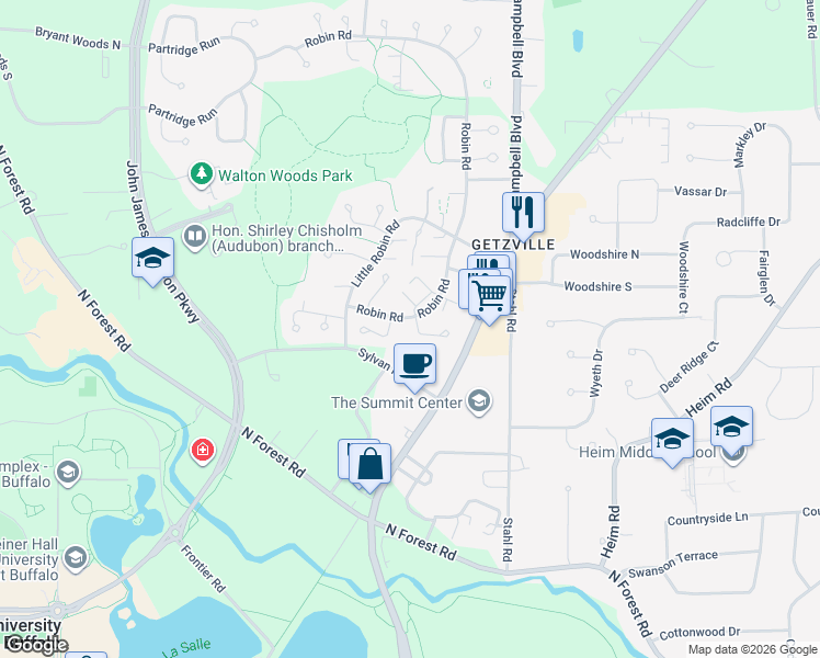 map of restaurants, bars, coffee shops, grocery stores, and more near 218 Robin Road in Buffalo