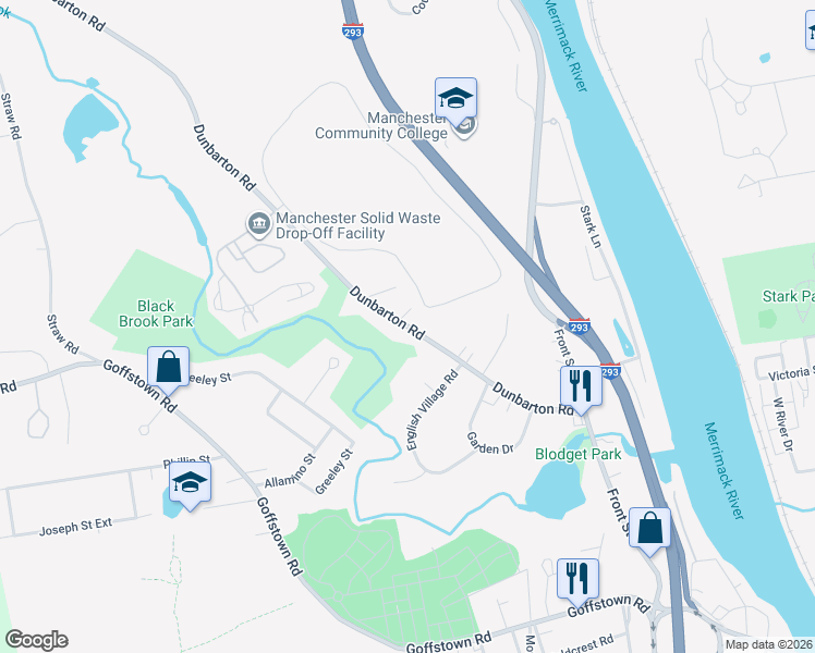 map of restaurants, bars, coffee shops, grocery stores, and more near 345 Dunbarton Road in Manchester