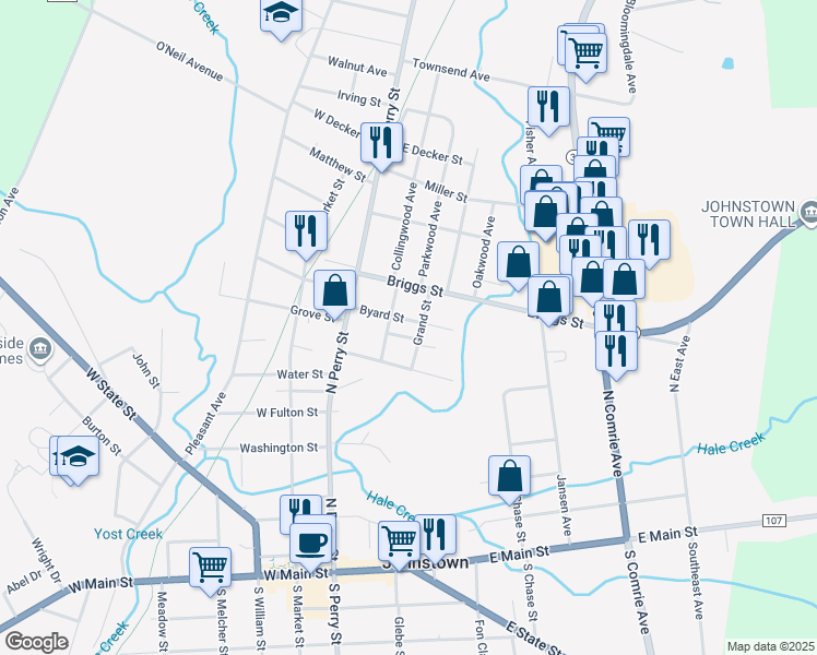 map of restaurants, bars, coffee shops, grocery stores, and more near 105 Byard Street in Johnstown