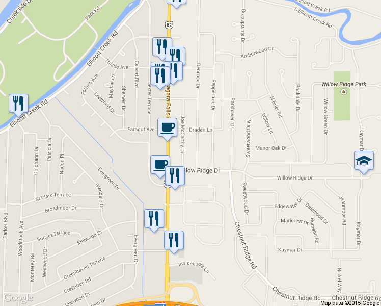 map of restaurants, bars, coffee shops, grocery stores, and more near 396 Joe McCarthy Drive in Buffalo