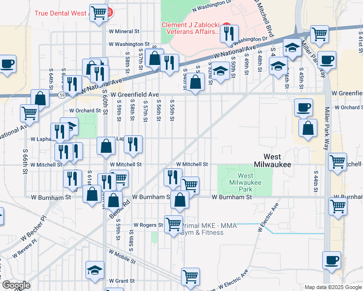 map of restaurants, bars, coffee shops, grocery stores, and more near 1552 South 55th Street in West Milwaukee