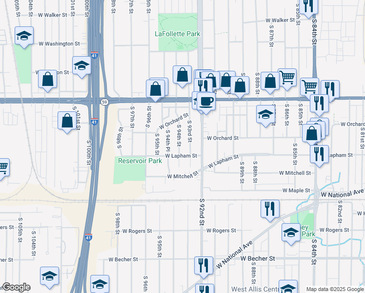 map of restaurants, bars, coffee shops, grocery stores, and more near 1508 South 94th Street in West Allis