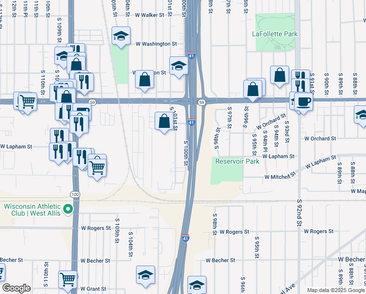 map of restaurants, bars, coffee shops, grocery stores, and more near 1524 South 101st Street in West Allis