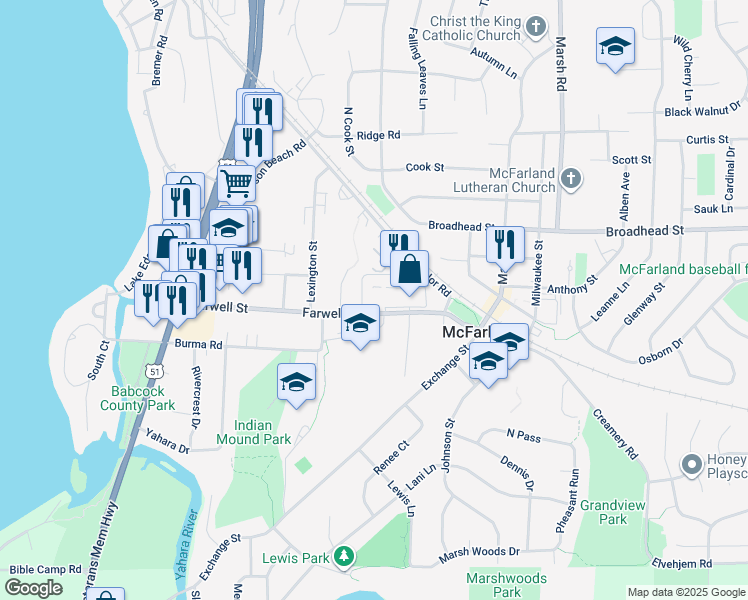 map of restaurants, bars, coffee shops, grocery stores, and more near 5903 Spartan Drive in McFarland