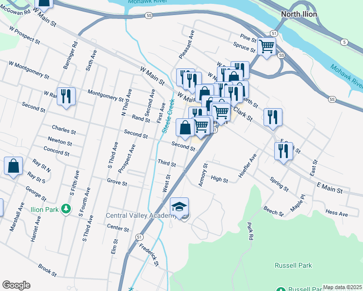 map of restaurants, bars, coffee shops, grocery stores, and more near 36 2nd Street in Ilion