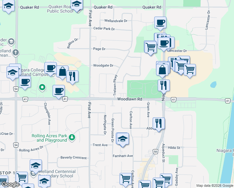 map of restaurants, bars, coffee shops, grocery stores, and more near in Welland