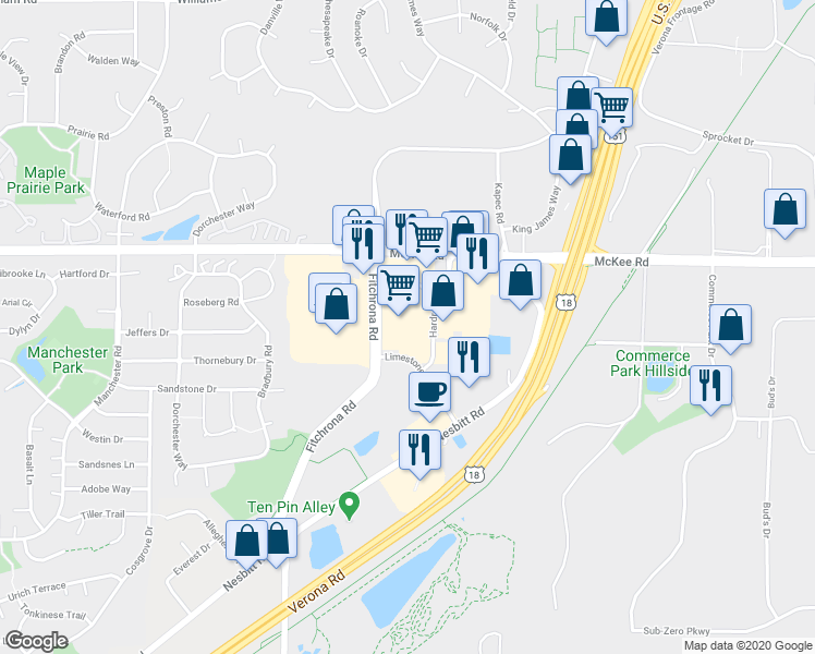 map of restaurants, bars, coffee shops, grocery stores, and more near 2920 Fitchrona Road in Fitchburg