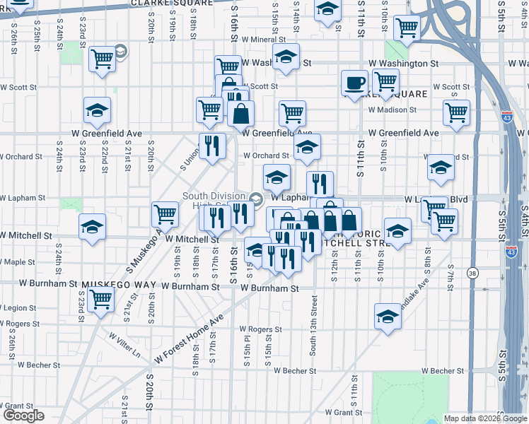 map of restaurants, bars, coffee shops, grocery stores, and more near 1515 West Lapham Boulevard in Milwaukee