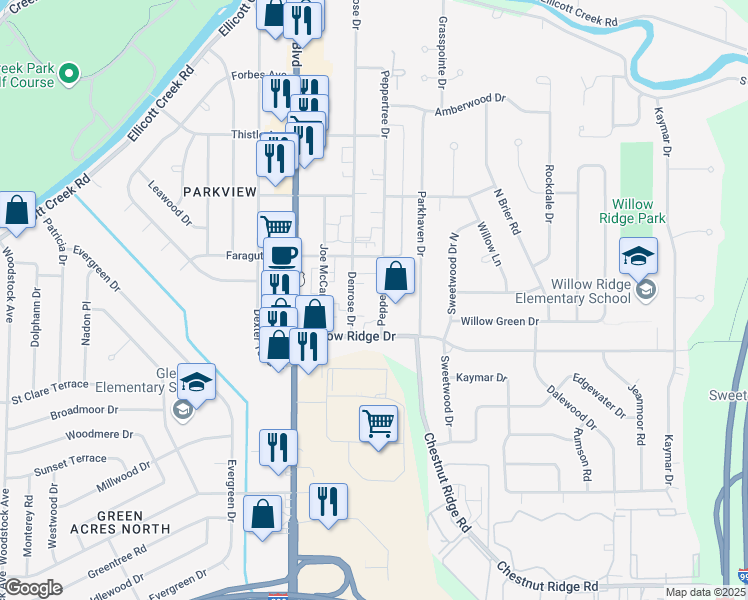 map of restaurants, bars, coffee shops, grocery stores, and more near 42 Peppertree Drive in Buffalo
