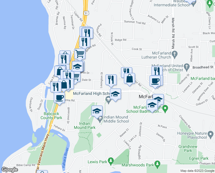 map of restaurants, bars, coffee shops, grocery stores, and more near 5910 Spartan Drive in McFarland