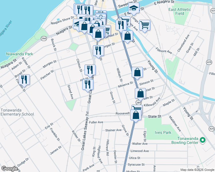 map of restaurants, bars, coffee shops, grocery stores, and more near 144 Grove Street in Tonawanda