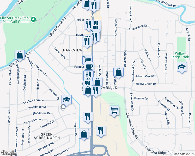 map of restaurants, bars, coffee shops, grocery stores, and more near 405 Joe McCarthy Drive in Buffalo