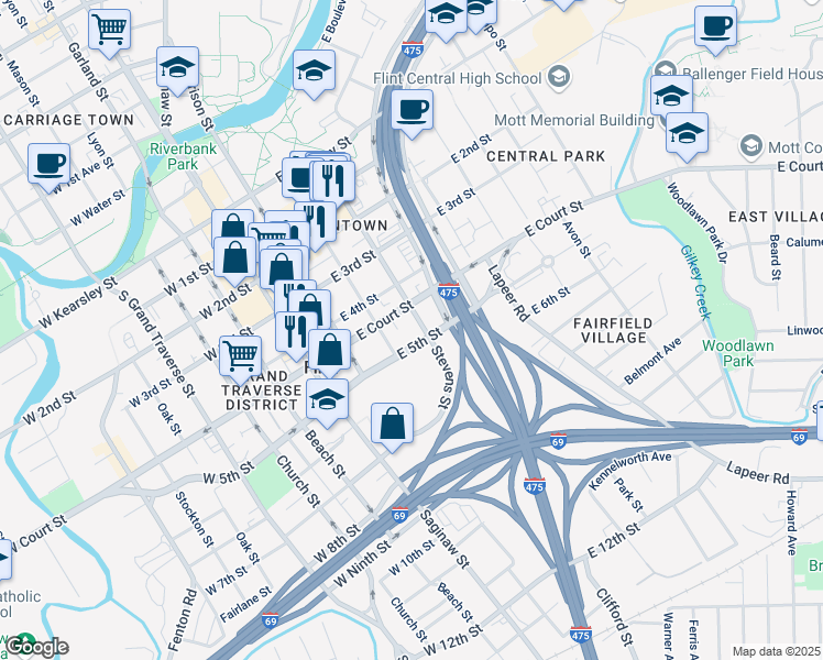 map of restaurants, bars, coffee shops, grocery stores, and more near 402 East Court Street in Flint