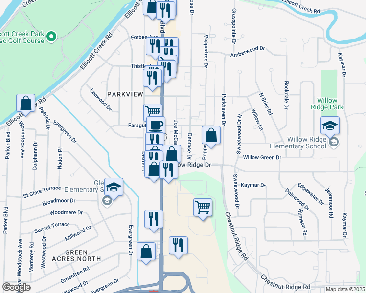map of restaurants, bars, coffee shops, grocery stores, and more near 406 Joe McCarthy Drive in Buffalo