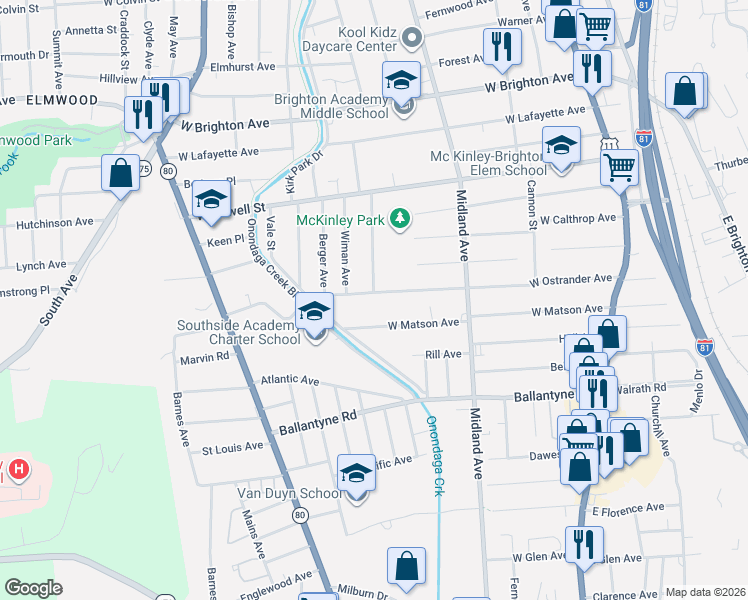 map of restaurants, bars, coffee shops, grocery stores, and more near 444 West Ostrander Avenue in Syracuse