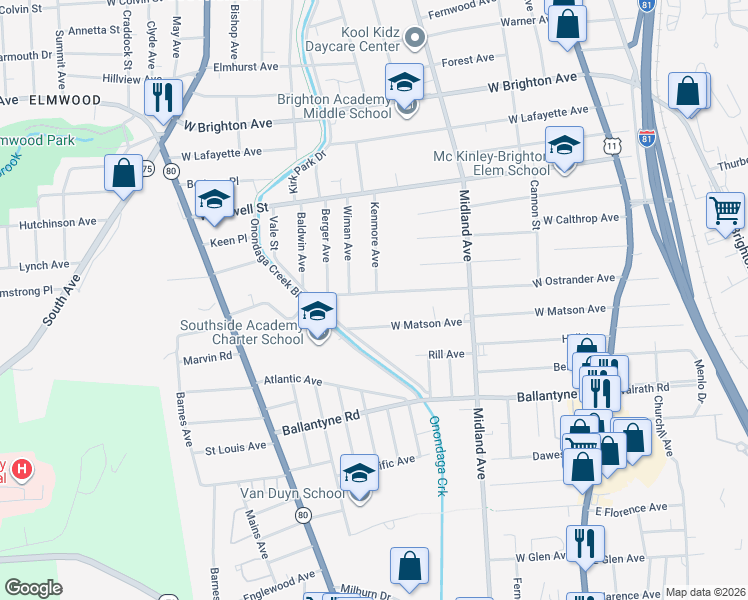 map of restaurants, bars, coffee shops, grocery stores, and more near 444 West Ostrander Avenue in Syracuse
