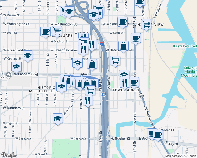 map of restaurants, bars, coffee shops, grocery stores, and more near 1620 South 6th Street in Milwaukee