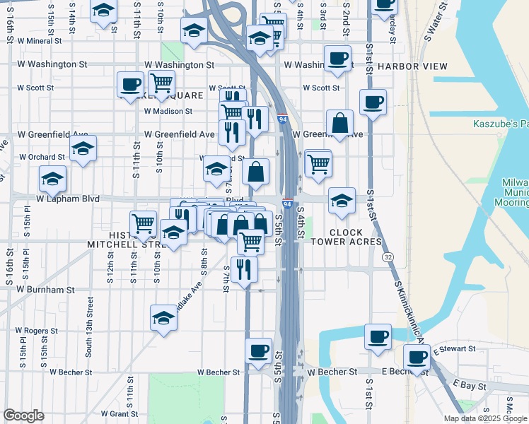 map of restaurants, bars, coffee shops, grocery stores, and more near in Milwaukee