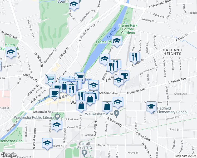 map of restaurants, bars, coffee shops, grocery stores, and more near 1037 White Rock Avenue in Waukesha