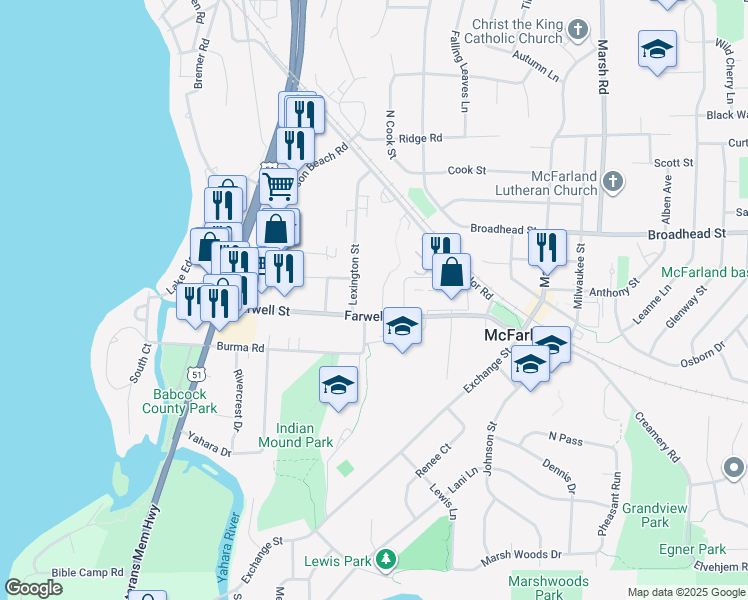 map of restaurants, bars, coffee shops, grocery stores, and more near 5903 Lexington Street in McFarland
