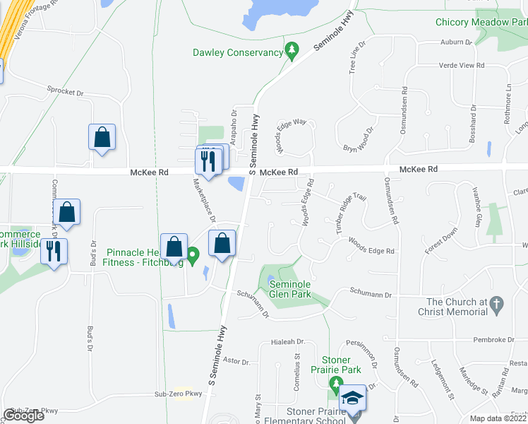 map of restaurants, bars, coffee shops, grocery stores, and more near 5938 Forest Lane in Fitchburg