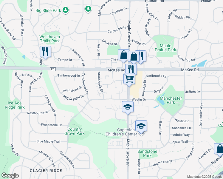 map of restaurants, bars, coffee shops, grocery stores, and more near 3245 Stonecreek Drive in Madison