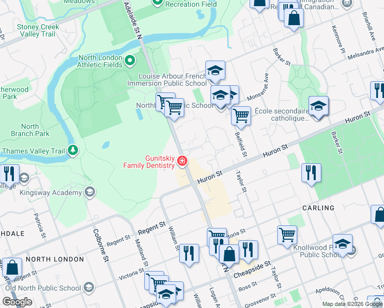 map of restaurants, bars, coffee shops, grocery stores, and more near 1136 Adelaide Street North in London
