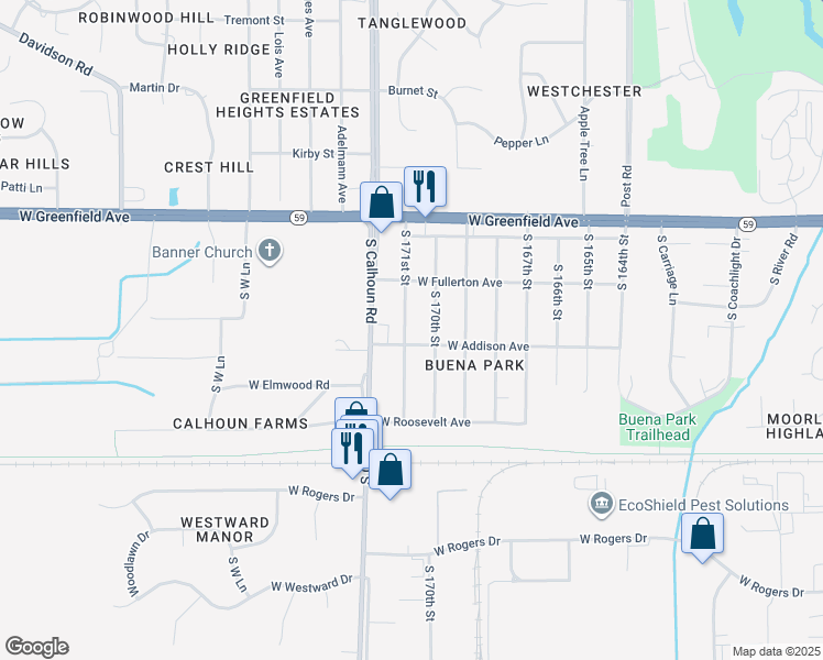 map of restaurants, bars, coffee shops, grocery stores, and more near 1537 South 170th Street in New Berlin