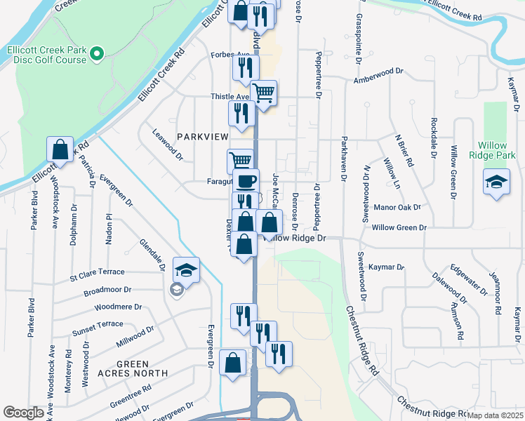 map of restaurants, bars, coffee shops, grocery stores, and more near 2165 Niagara Falls Boulevard in Buffalo